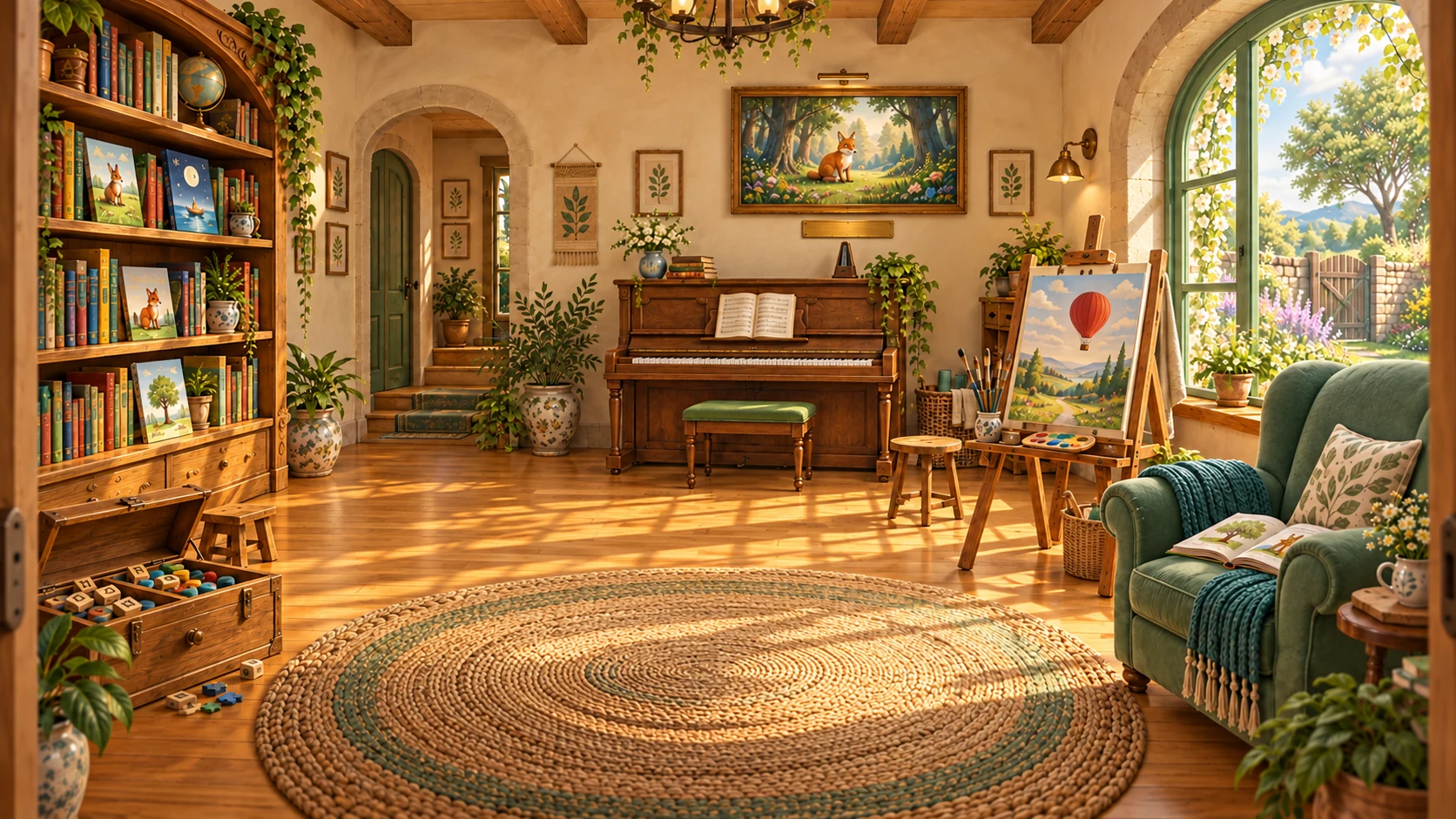 A sunny activity room with a writing bookshelf, piano, picture easel, framed movie picture, game chest, reading chair, and an open rug.